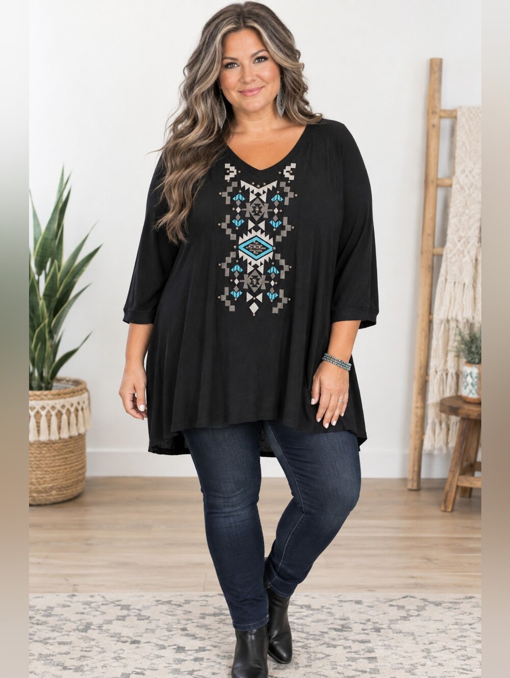 Pink Cadillac Western, Aztec Black Tunic with Teal Embroidery